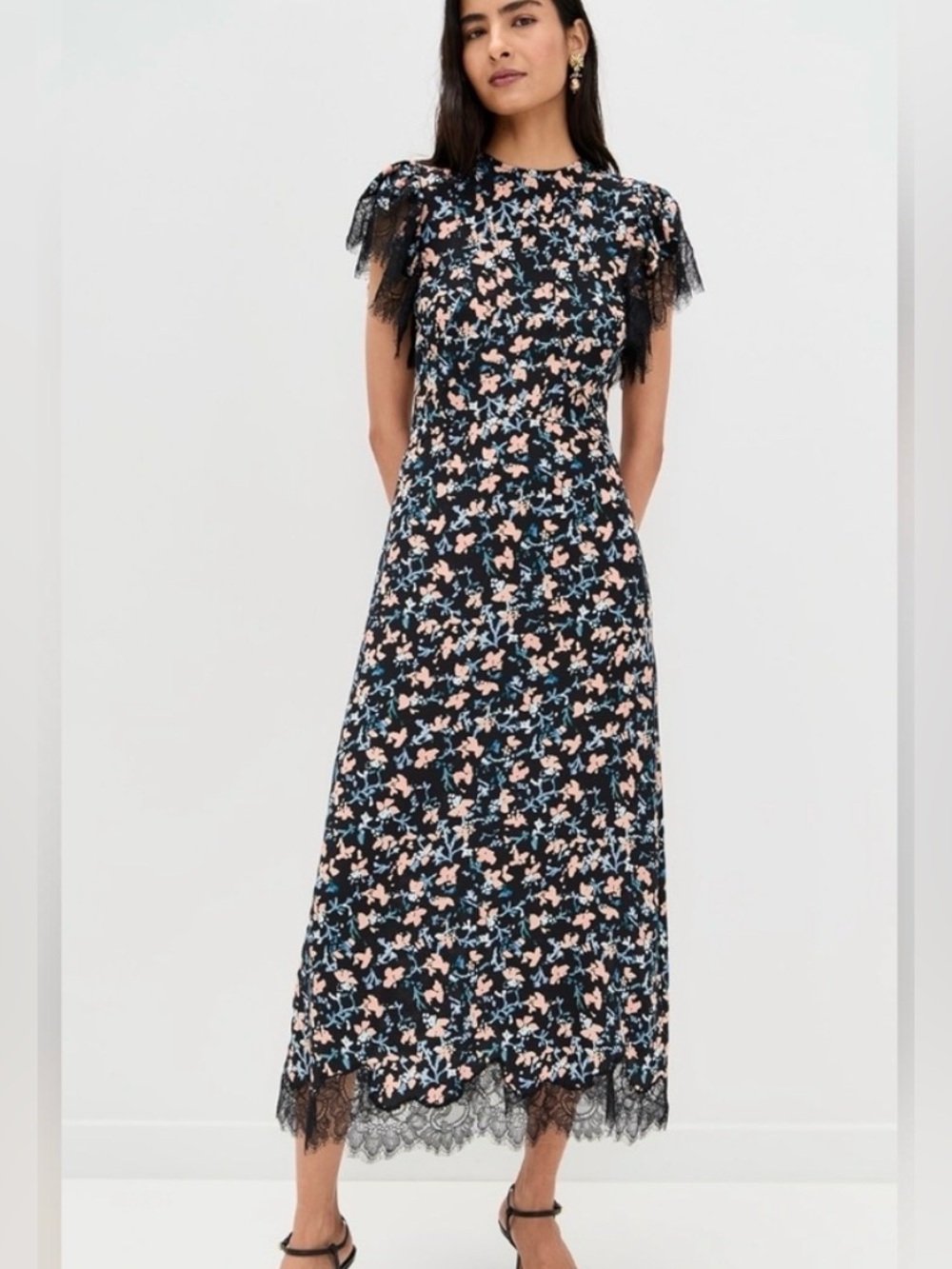 NWT Ulla Johnson Renee Cape Sleeve Dress Floral Silk Dress with Lace Trim Sz 4